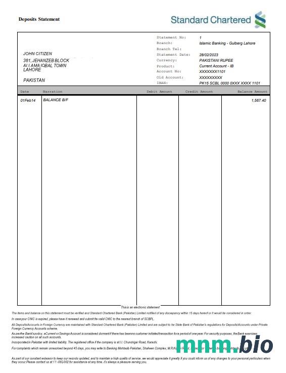 Pakistan Standard Chartered wyciąg bankowy Word i PDF szablon scr